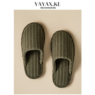 条纹布艺棉拖鞋 居家室内保暖防滑牛筋底T情侣透气棉拖男 女秋冬季