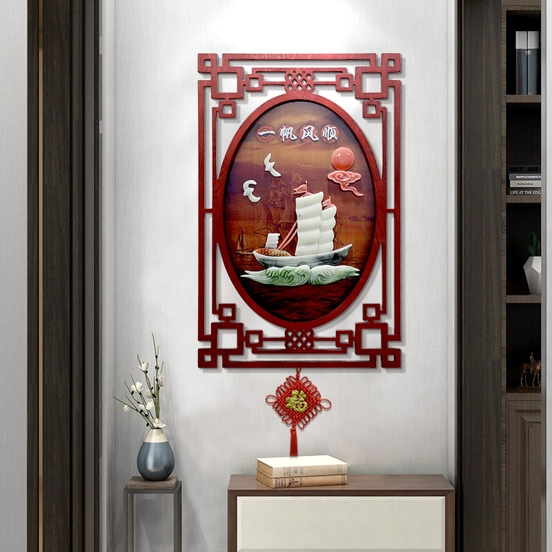 客厅装饰画中式玄关挂画沙发背景墙壁画走廊过道挂画立体玉雕挂件图片