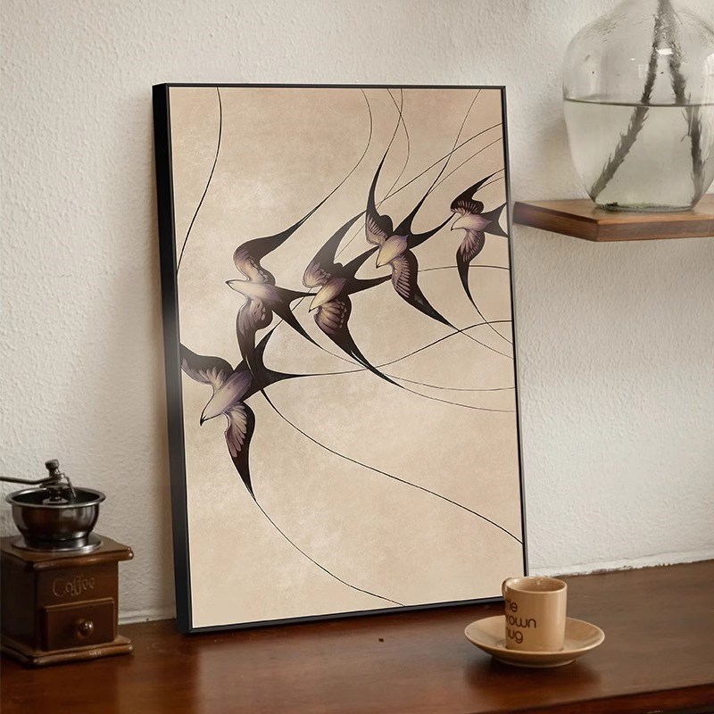 2024新款小众ins风高级感餐厅装饰画燕子中古民宿背景墙房间挂画