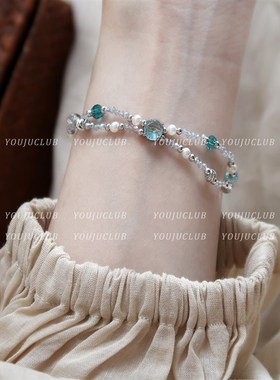 YOUJUclub-遗落q星河~精致高级感蓝色水晶珍珠串珠轻奢叠戴细手錬