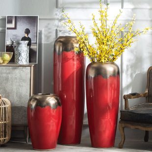 高温窑变花器插花罐客厅红色轻奢陶瓷落地大花瓶装饰陶缸摆件陶罐