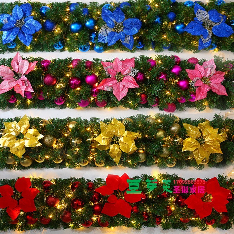 圣诞节藤条装g饰花环玻璃门橱窗室内场景圣诞树叶子挂枝2.7米绿藤