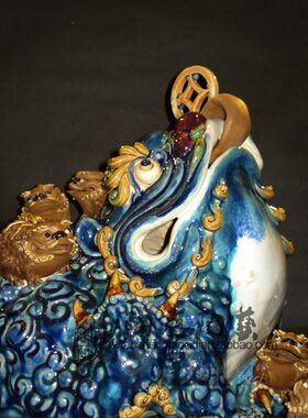 金蟾五子登科陶瓷商铺饰柜财位博古架玄关公司家居手工中式摆件