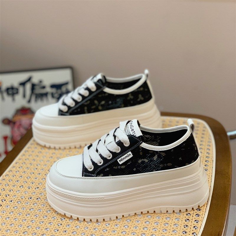 韩版蕾丝透气板鞋女2025夏季新款百搭轻便系带松糕厚底显瘦小白鞋,女鞋,时尚休闲鞋,淘宝优惠券,粉丝福利购,淘宝优惠卷