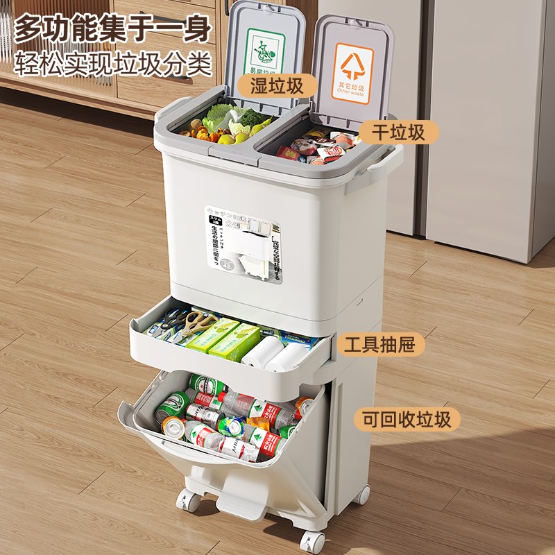 厨房垃圾桶家用带盖2025新款干湿分离分类厨余桶大号高款双层日式