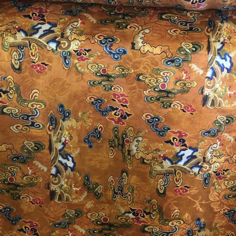 华传雨丝绸面料 祥云印花交织提花桑波缎新中式服装丝绸面料