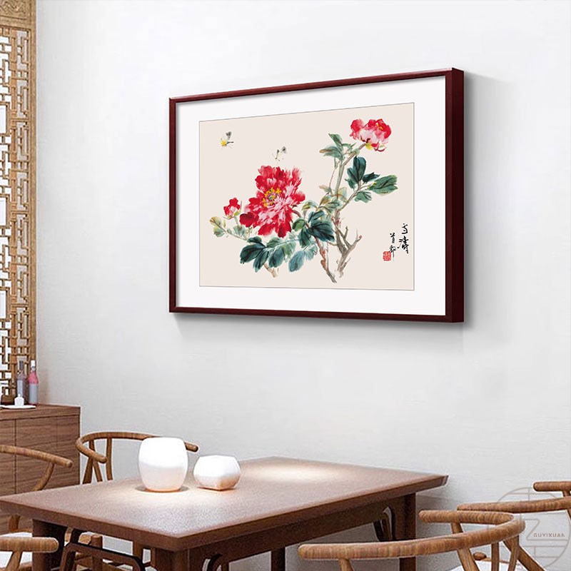 牡丹花开富贵客厅装饰画中式餐桌餐厅寓意好的挂画大气饭厅壁画框