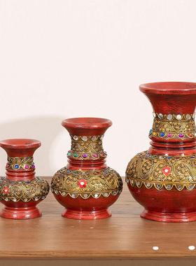 东南亚风实木雕刻琉璃花瓶花摆件52009客厅插桌面复装干花花器饰