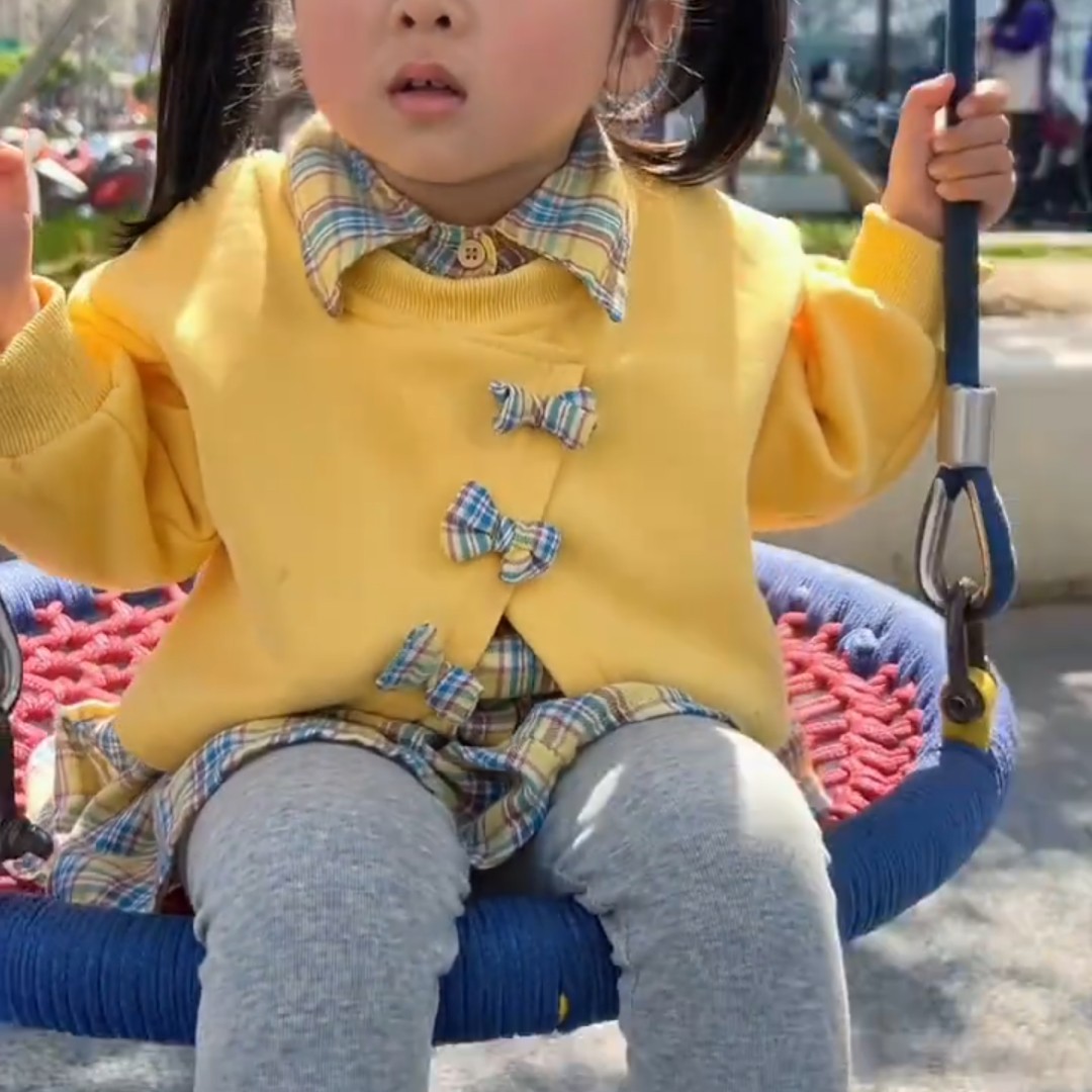 女童蝴蝶结格子卫衣套装春秋款儿童洋气韩系穿搭宝宝春装时髦衣服