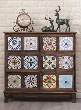 复古绘NGV斗柜实木抽屉式纳柜客厅多层收储物柜式美阳台置彩物柜