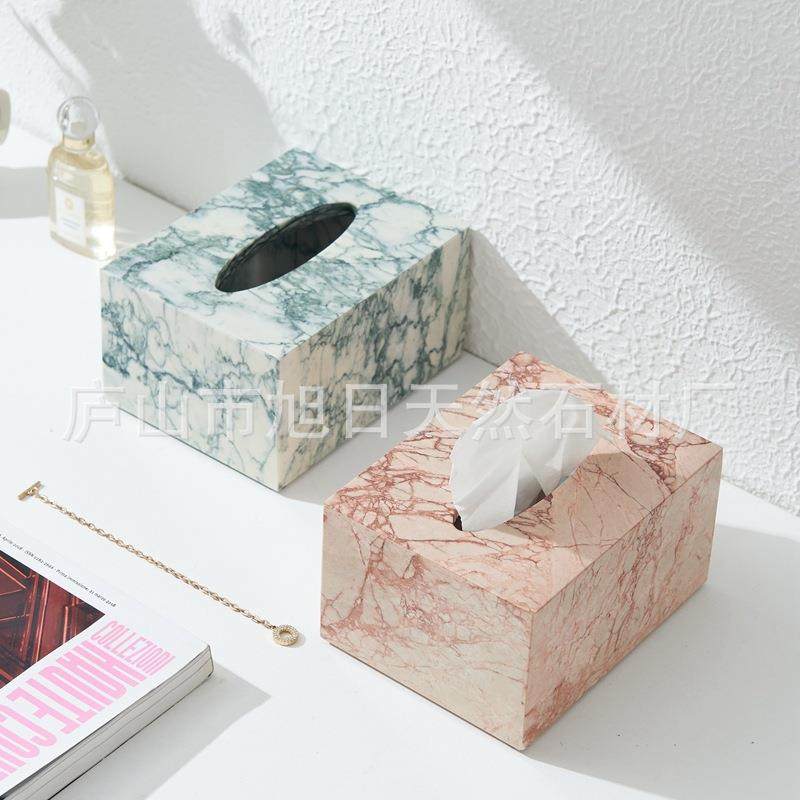 现代简粉约天然绿色纸色大理酒石盒子RSS巾盒店高级会所轻奢抽纸