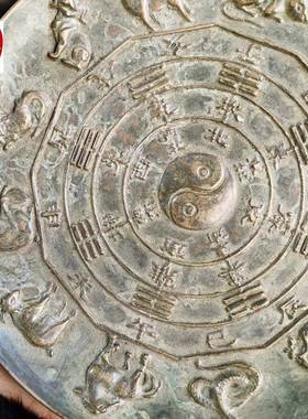 古玩1收生6456藏C老包浆八卦十二肖盘子7.5M