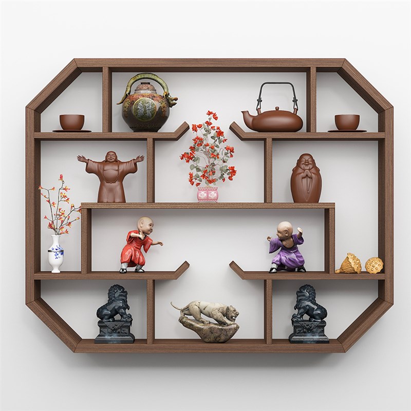 博古架实木中式多宝格子壁挂式茶B室墙上置物架茶壶多宝阁收纳摆
