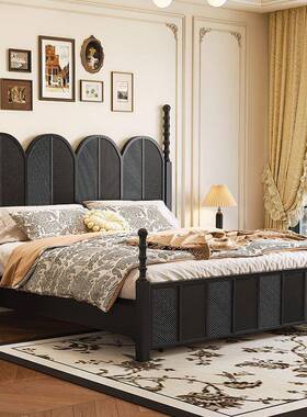 美法式木复古中古风实床雕花罗马柱黑色RXG式轻奢主卧双床美人式