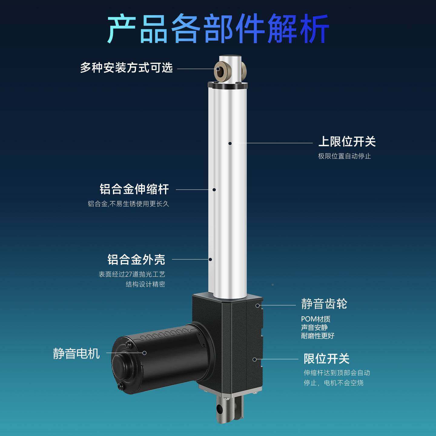 电动推杆伸缩杆工业电级线大推力直流往复0机直行程升537降杆IP60