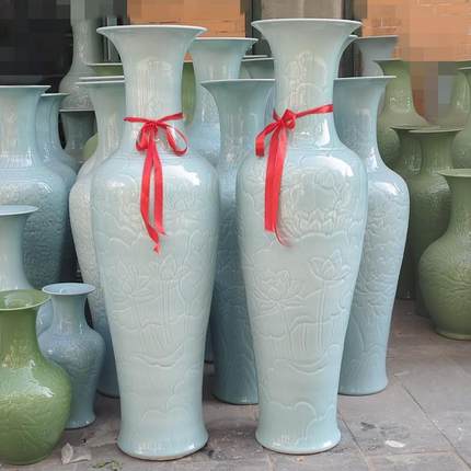 陶瓷大瓶摆装件花客厅落地雕刻龙泉青瓷荷花牡0032丹店大号家居酒