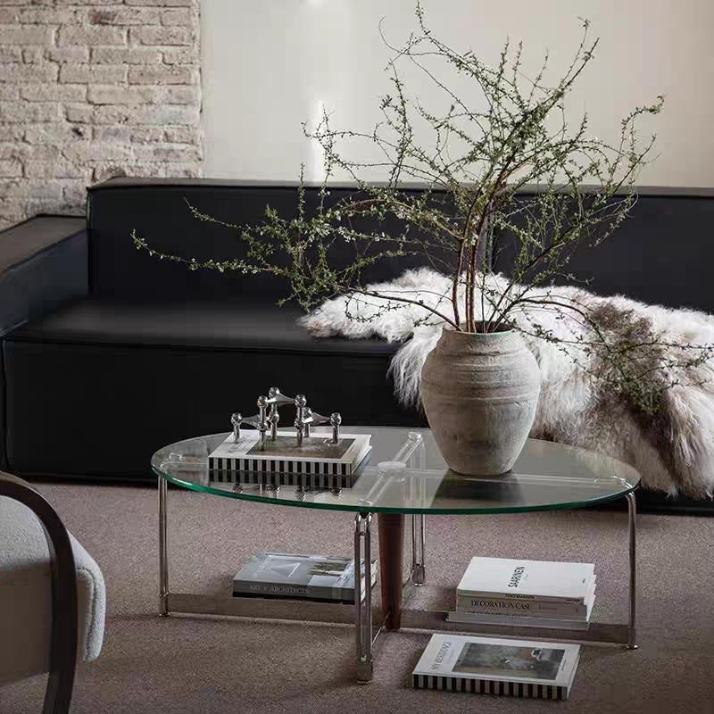 北欧复古玻璃茶几客厅家用轻奢创意不F锈钢椭圆形实木桌子简约矮