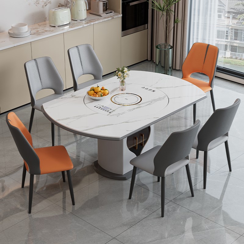 轻奢岩板多功能伸j缩餐桌椅电磁炉电动暖菜板可变圆桌饭桌可配转