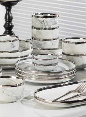 轻奢银装边石纹碗碟套2Z1204025款装家用陶瓷餐具碗碟新盘套组合