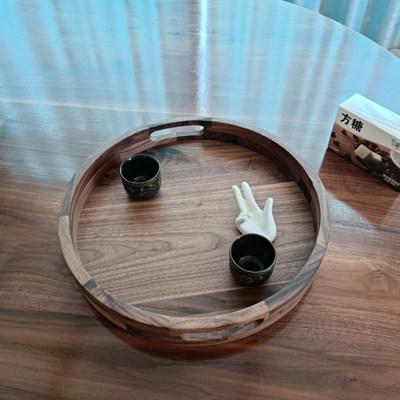 北美黑胡桃实木双耳圆形方形托盘茶盘水果盘客厅茶几茶点水果托盘