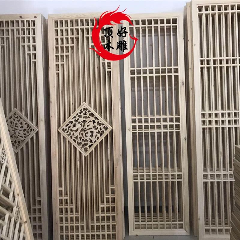 中式仿古花格吊顶雕花门镂空隔断屏风门窗实木电视背景墙木雕定制
