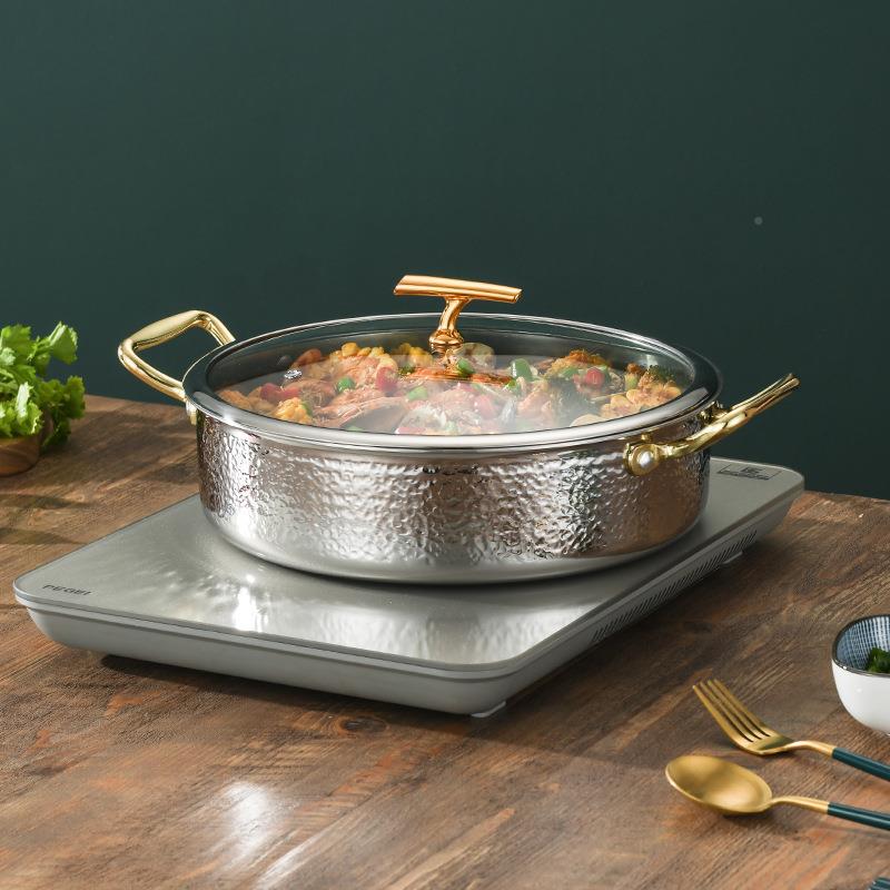 意铂仕加304不锈钢干锅海鲜商锅用厚H0607平底浅电锅磁炉火锅焖锅