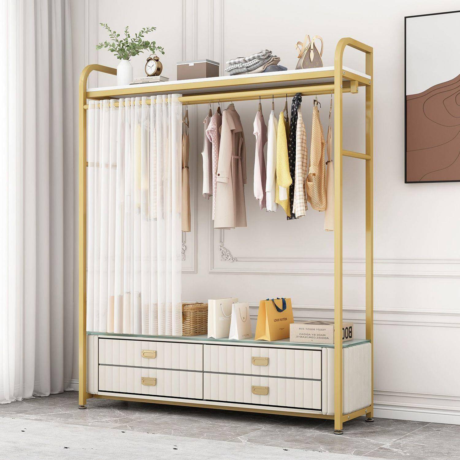 带帘衣帽体架挂衣架NAN衣红架落地卧室网一用收纳家多功能衣柜置