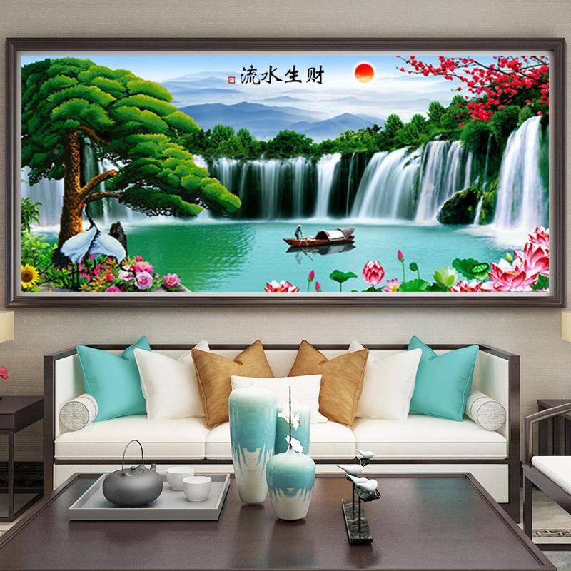 十字绣画手工自己绣厂直供Y9CT3043客厅家大迎客松水生财流风景