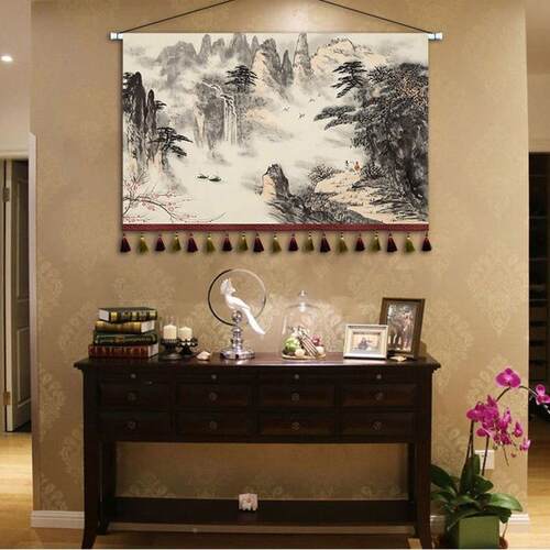 中式水墨山水画布艺卧装室挂床头饰画沙茶发背景墙挂毯室挂布othe