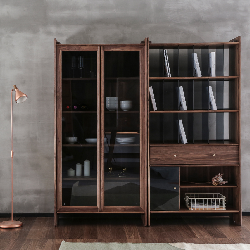 山丘书柜 致家家居 新中式满墙实F木书柜带门玻璃门书橱组合柜子