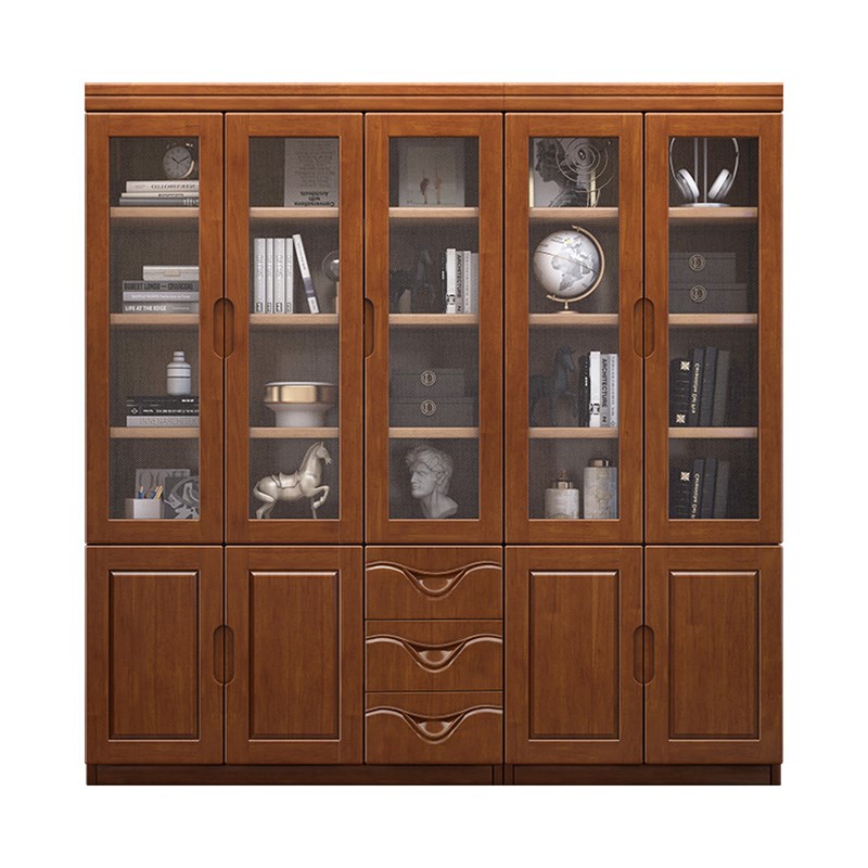 新中式实木书柜书房带玻璃门x书架靠墙置物架现代简约收纳柜展示