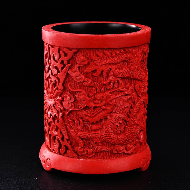 扬州漆器厂剔红雕漆朱砂工艺笔筒出国特色礼物商务纪念品摆件元旦