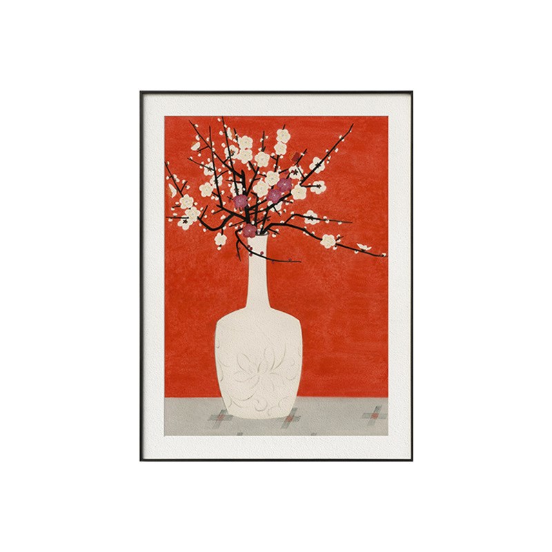 新中式入户玄关挂画竖版简约餐厅中国风装饰柜上摆画花卉壁画红色图片