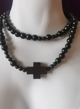 59粒5端天然黑绿红紫檀香木珠弹力绳缠绕十字架玫瑰串珠手链礼物