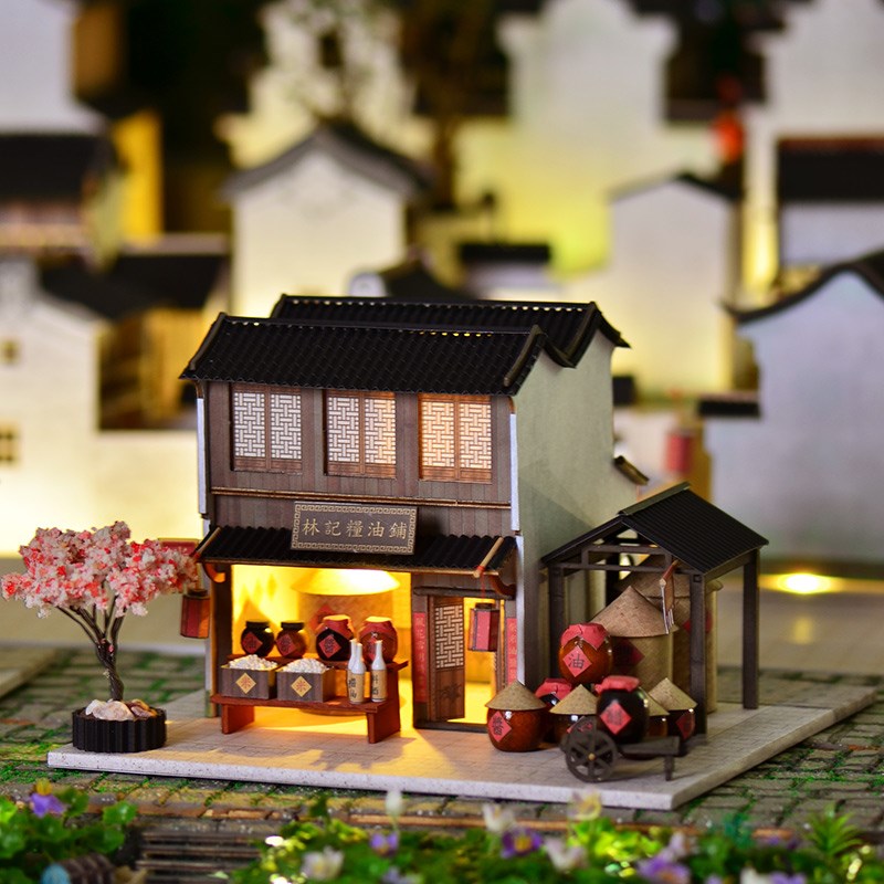 江南小镇场景diy中国风小屋手工制作木质店铺模型房子林记粮油铺