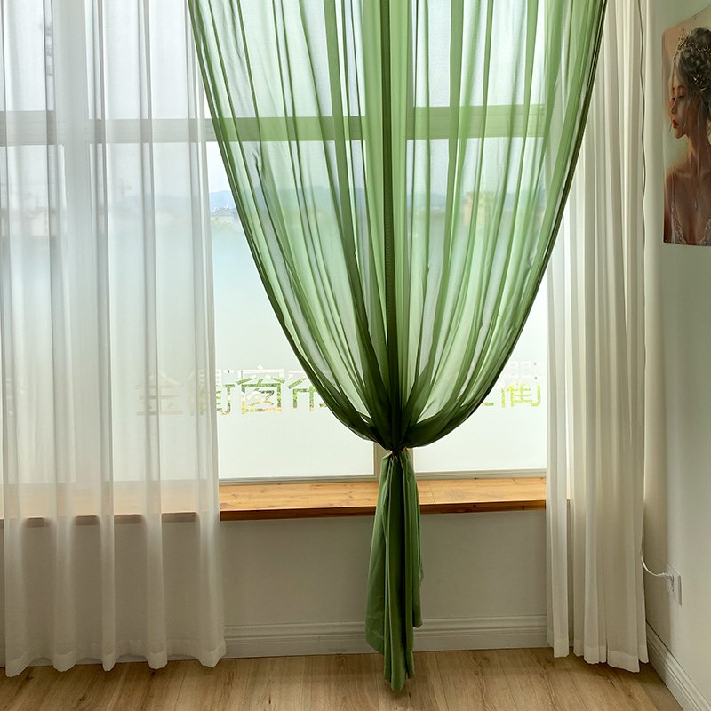 金衢窗帘田园小清新纱帘餐厅卧室防刮纯色半透景透光竹绿色窗纱