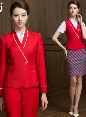 南航空姐制服女职业套装高铁酒店迎宾工J作服时尚幼师工装大红色