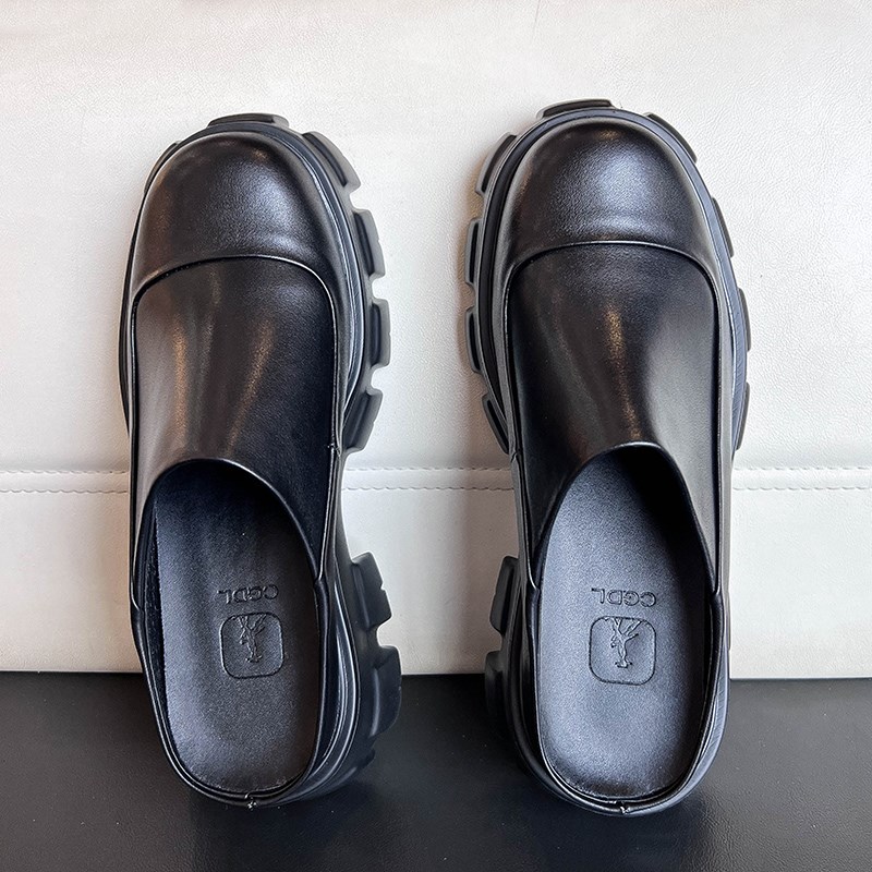 小众时尚夏季外穿轻便厚底包头半拖鞋增高松糕底无后跟半拖皮鞋男