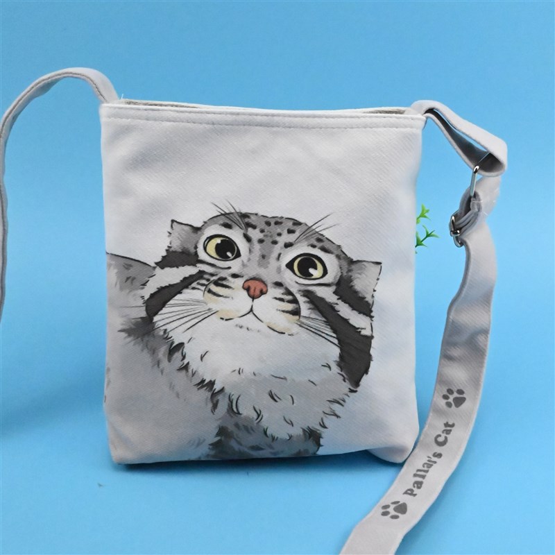 兔狲尾巴可爱动物手绘斜挎迷你休闲帆布包时尚印花潮流背包