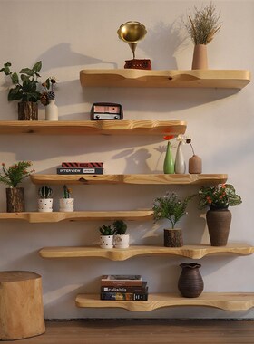 原木艺术置物架实木一字板墙上装饰架壁挂隔板书T架客厅墙上展示