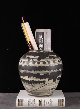 新样中式水墨风复古陶瓷花瓶摆件家居售书房画缸BJU间楼处软板装
