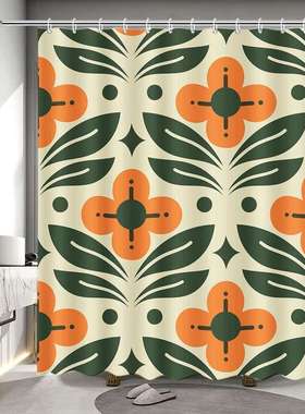 橙色花卉浴帘复古绿色植物浴室窗帘复古经典浴缸装饰面料防水浴帘