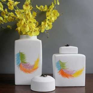 陶瓷四方罐酒店别墅客厅茶几储物罐器皿手绘羽毛磨砂装饰花瓶