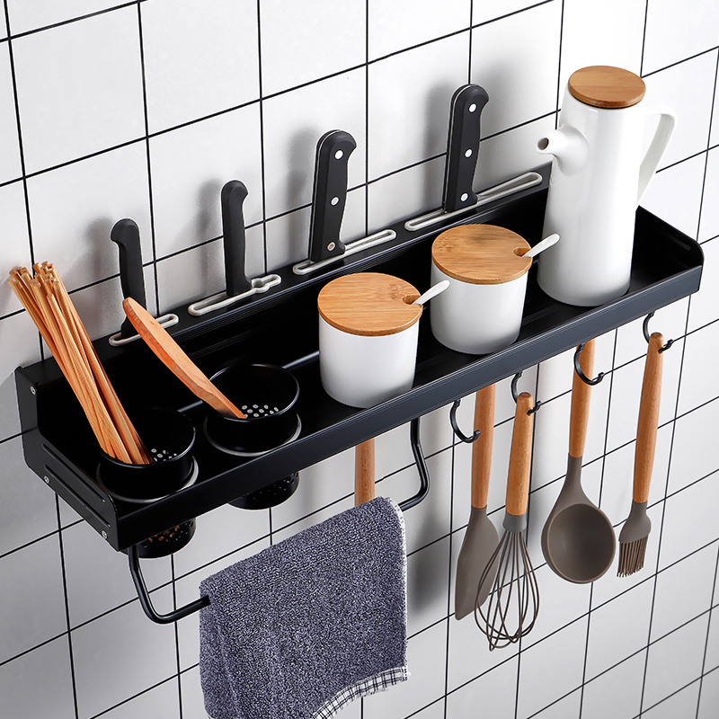 免打孔厨房置物架壁挂黑色调味料收纳架厨具用品菜砧板刀架储物架