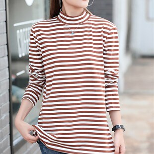 外穿H显瘦遮肉秋冬韩版 女士纯棉长袖 T恤秋衣 宽松条纹打底衫 中长款
