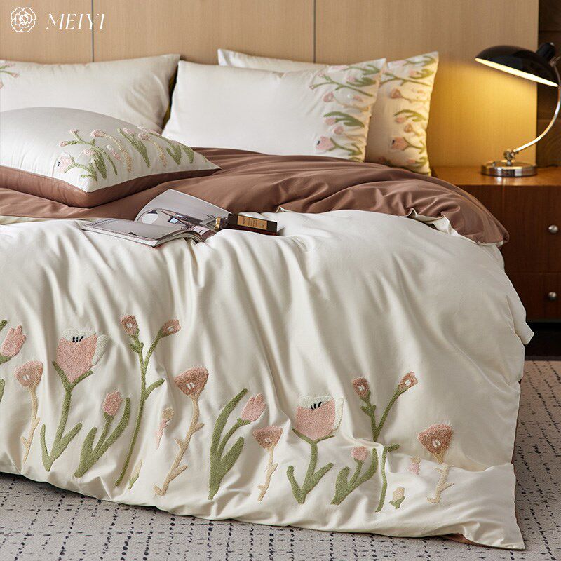 小清新全棉100S床单被套四件套纯棉毛巾绣丝滑2024新款床上用品