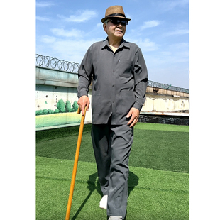 爸爸薄款 长袖 爷爷装 中老年男士 夏季 多口袋套装 松紧腰长裤 春季 衬衫