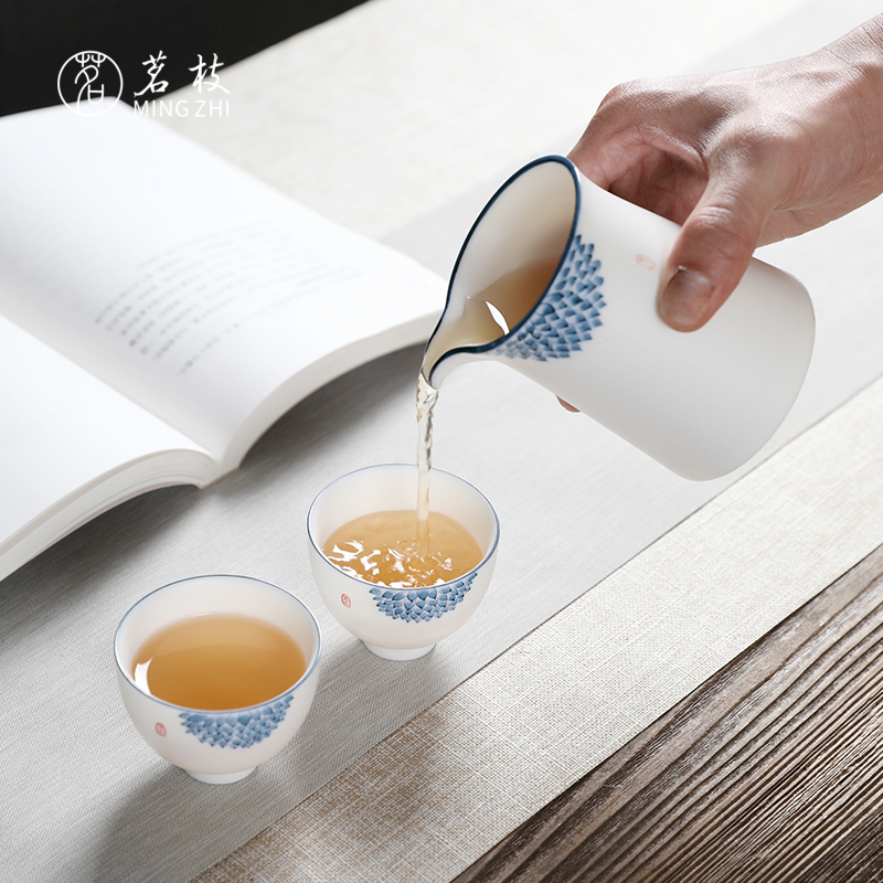 茗枝羊脂玉白瓷功夫茶具套装办公室会客家用青花盖碗茶壶茶杯