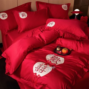 中式 高级感大红色全棉结婚四件套纯棉婚庆喜被婚嫁六件套床上用品