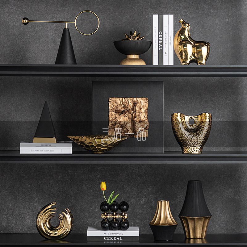 奢华金几何艺术品摆件客厅酒柜现代样板间开放格书架高级感装饰品